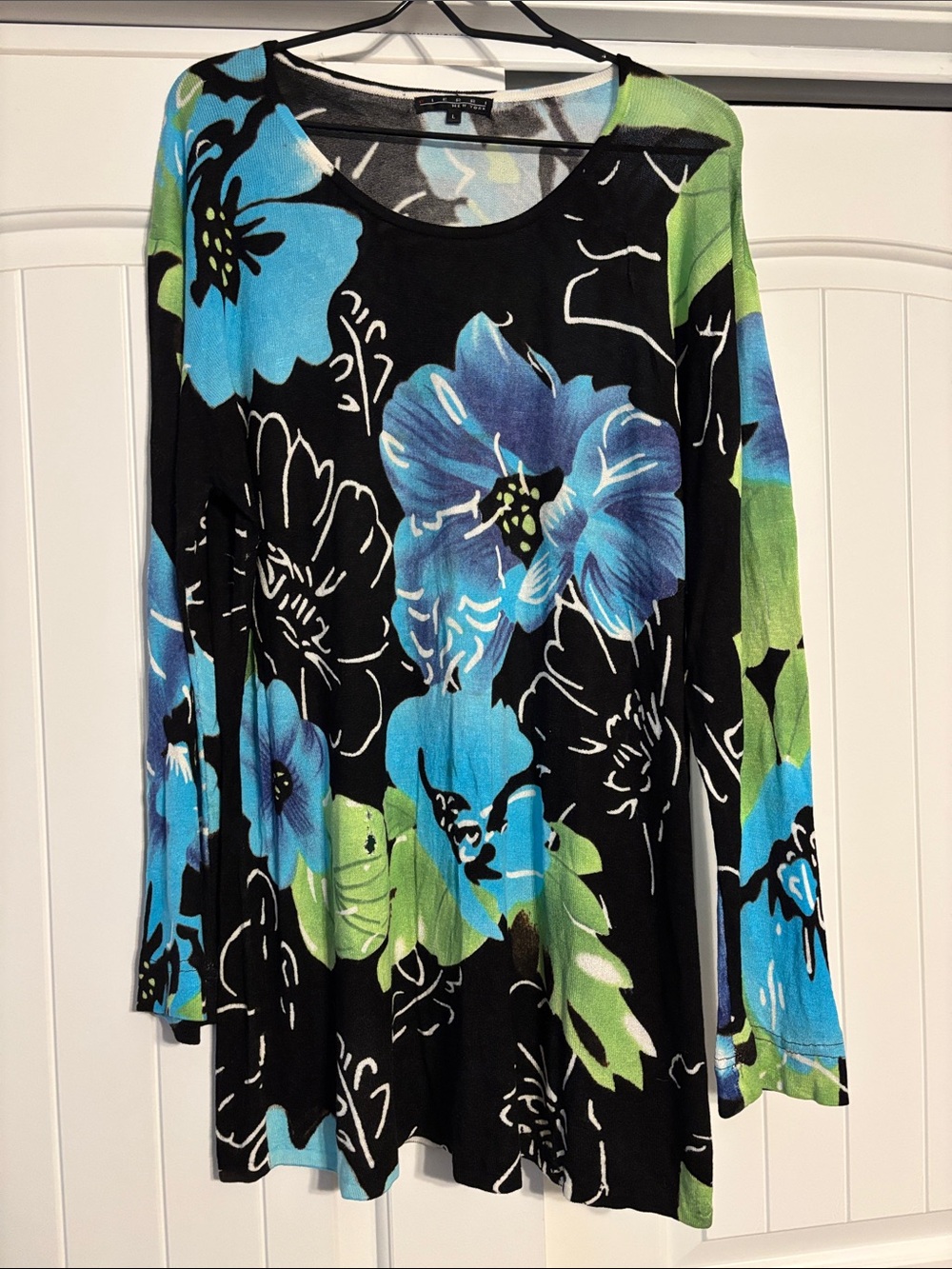 Pierri New York Black Long Sleeve Tunic with Blue & Green Floral Print